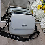 Шкіряна сумка жіноча клатч через плече маленька на широкому ремені вечірня сіро-блакитна, фото 4