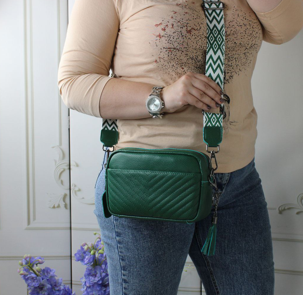 Натуральна шкіряна сумка жіноча клатч через плече маленька на широкому ремені вечірня зелена, фото 1