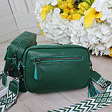 Натуральна шкіряна сумка жіноча клатч через плече маленька на широкому ремені вечірня зелена, фото 5
