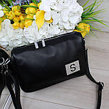 Шкіряна жіноча чорна сумка клатч через плече маленька модна вечірня, фото 2