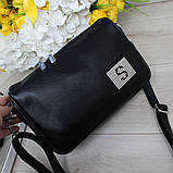 Шкіряна жіноча чорна сумка клатч через плече маленька модна вечірня, фото 5