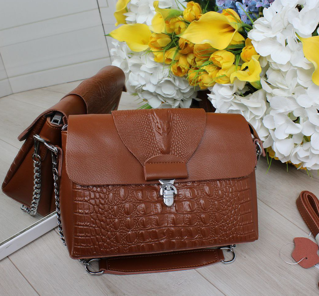 Натуральна шкіряна сумка жіноча коричнева клатч через плече маленька вечірня модна на ланцюжку класична, фото 1