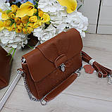 Натуральна шкіряна сумка жіноча коричнева клатч через плече маленька вечірня модна на ланцюжку класична, фото 3