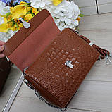 Натуральна шкіряна сумка жіноча коричнева клатч через плече маленька вечірня модна на ланцюжку класична, фото 5