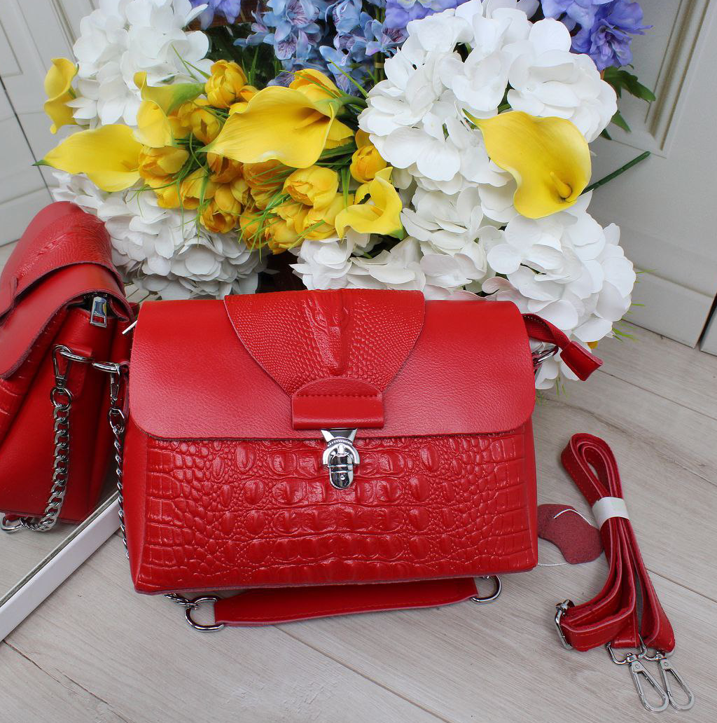 Натуральна жіноча шкіряна червона сумка клатч через плече маленька вечірня модна на ланцюжку класична, фото 1