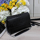 Натуральна шкіряна жіноча чорна сумка клатч через плече маленька модна вечірня на ланцюжку класична, фото 3
