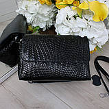 Натуральна шкіряна жіноча чорна сумка клатч через плече маленька модна вечірня на ланцюжку класична, фото 4