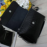 Натуральна шкіряна жіноча чорна сумка клатч через плече маленька модна вечірня на ланцюжку класична, фото 8