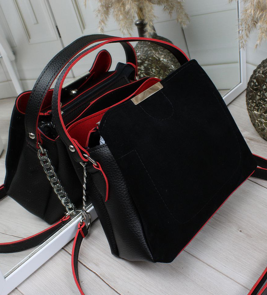 Замшева сумка жіночі чорно-червона через плече квадратна середнього розміру модна, фото 1