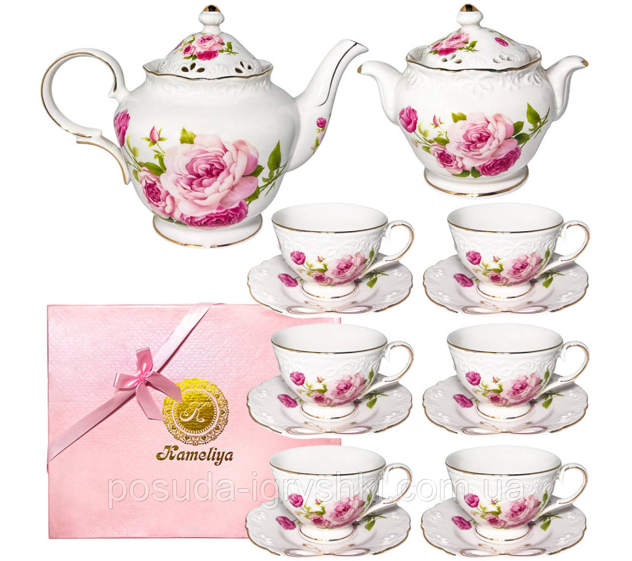 Сервіз чайний 14 предметів Бант (чашка-240мл, блюдце-15см, цукорниця-350мл, чайник-1,3л)., фото 1