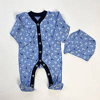Детский котоновый человечек на кнопках и шапочка для новорожденного мальчика р.56