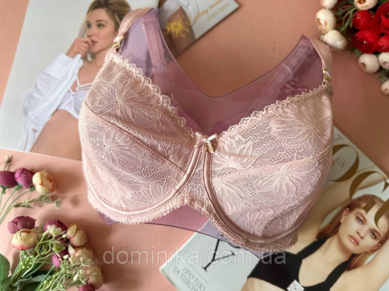 М’який бюстгальтер без поролону з ніжного мережива пудровий