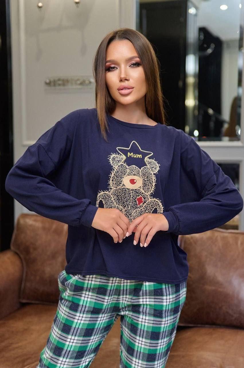 Тепла жіноча піжама MUM (штани+ковта) синій+зелений, фото 1