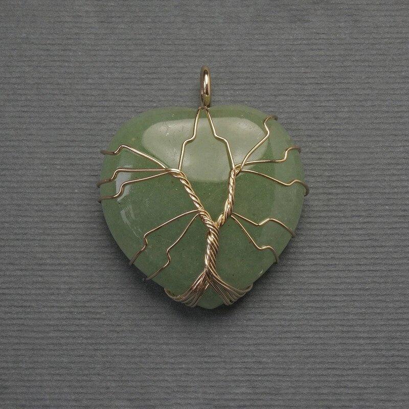 Кулон Серце Нефрит в золотистому обплетенні d-30х30мм+- L-36мм+-, фото 1