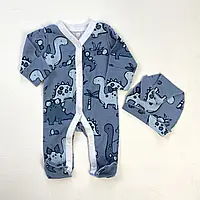 Детский котоновый человечек на кнопках и шапочка для новорожденного мальчика р.56
