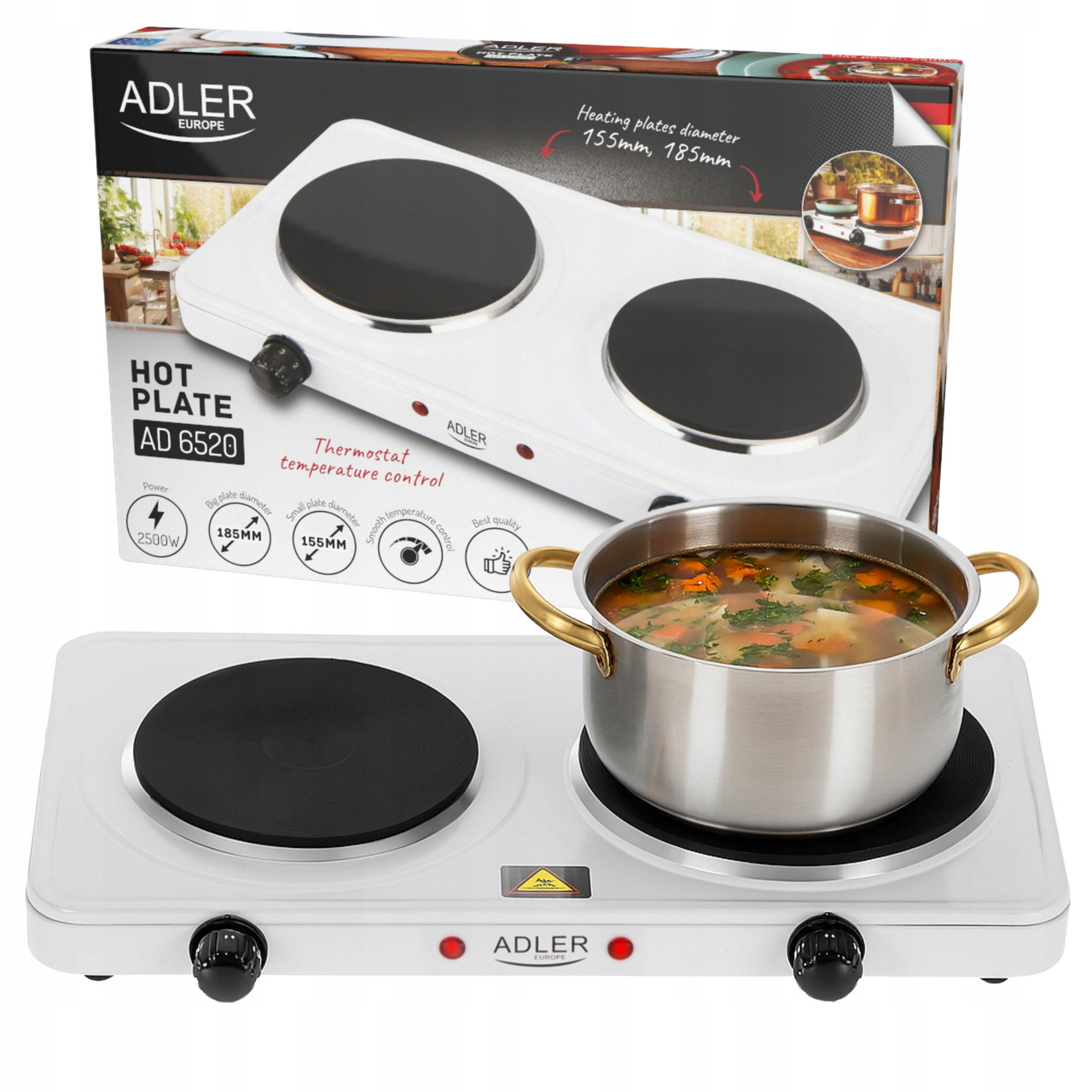 Електроплита Adler AD 6520 — дві конфорки, 2500 Вт, компактна (46 × 26,5 см), фото 1
