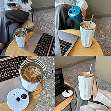 Склянка із нержавіючої ставлі з кришкою, трубочкою та 3D наклейками Tyeso TS-8848B 600 мл, бежева, фото 5