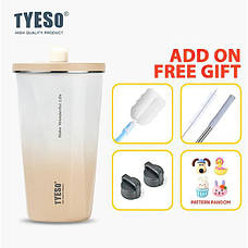 Склянка із нержавіючої ставлі з кришкою, трубочкою та 3D наклейками Tyeso TS-8848B 600 мл, бежева, фото 2