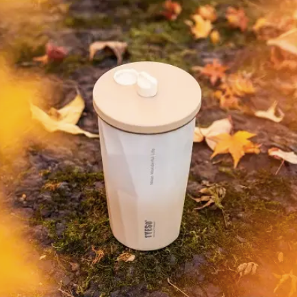 Склянка із нержавіючої ставлі з кришкою, трубочкою та 3D наклейками Tyeso TS-8848B 600 мл, бежева, фото 1