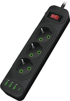 Мережевий фільтр 2 метри 3 розетки + 3 USB+Type-C чорний LS-B7F23U, фото 1