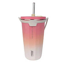 Склянка із нержавіючої ставлі з кришкою, трубочкою та 3D наклейками Tyeso TS-8848B 600 мл, рожева, фото 3