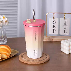 Склянка із нержавіючої ставлі з кришкою, трубочкою та 3D наклейками Tyeso TS-8848B 600 мл, рожева, фото 1