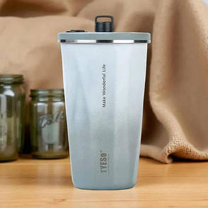 Склянка із нержавіючої ставлі з кришкою, трубочкою та 3D наклейками Tyeso TS-8848B 600 мл, сіра, фото 1