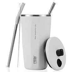 Склянка із нержавіючої ставлі з кришкою, трубочкою та 3D наклейками Tyeso TS-8848B 600 мл, сіра, фото 3