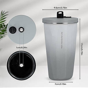 Склянка із нержавіючої ставлі з кришкою, трубочкою та 3D наклейками Tyeso TS-8848B 600 мл, сіра, фото 2