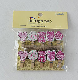 Набір канцелярських прищіпок 10 штук з мотузкою Прищіпка 3 см Рожевий декор У пакеті (10328)