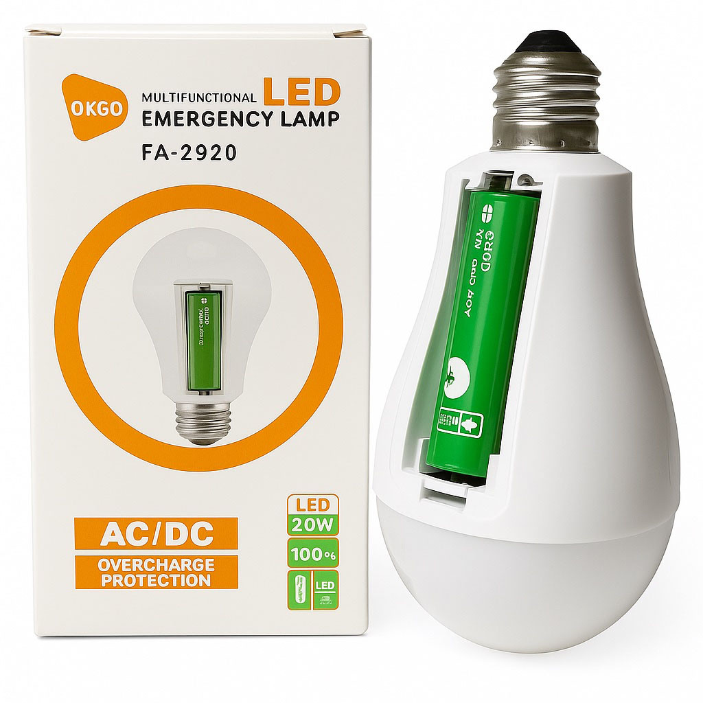 Лампа аварійного освітлення 20W OKGO FA-2920 – світлодіодна, акумуляторна, E27, із захистом від перезаряду, фото 1