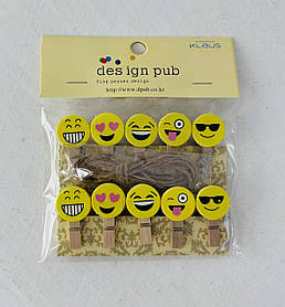 Набір канцелярських прищіпок 10 штук з мотузкою Прищіпка 3 см "Смайл" У пакеті (10328)