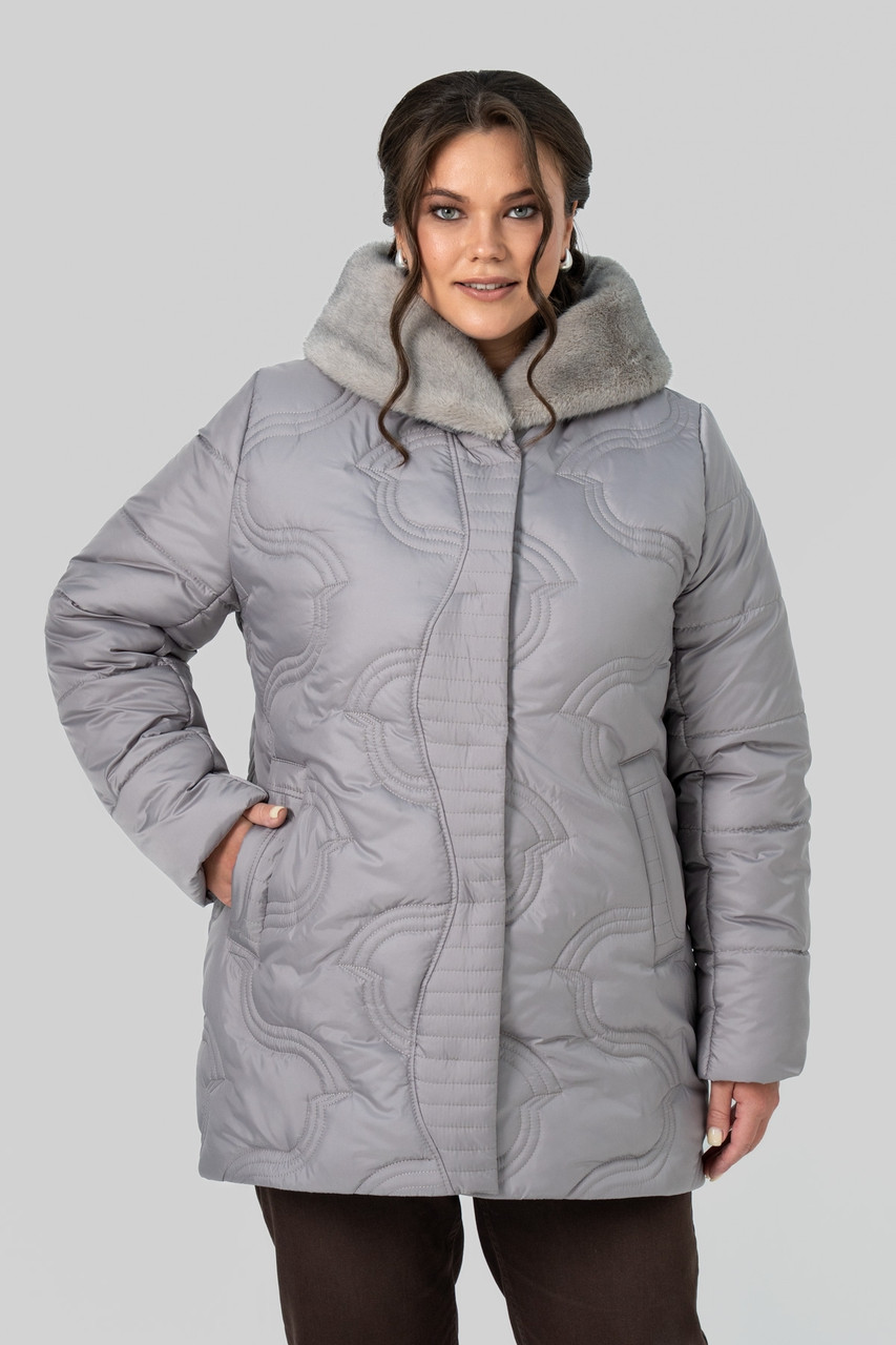Утеплена жіноча зимова куртка з хутром батал сірий колір