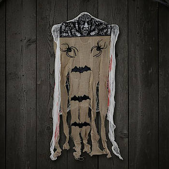 Декор підвісний Череп з павуками та кажанами 100х60см / Декор на Хелловін з LED-підсвічуванням