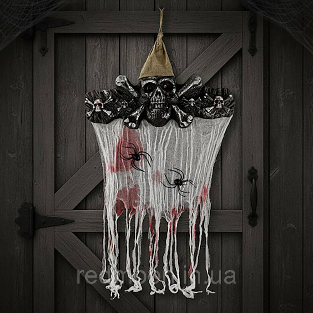 Декор підвісний Череп з павуками та LED-підсвічуванням 100х60см / Декор на Хелловін, фото 1