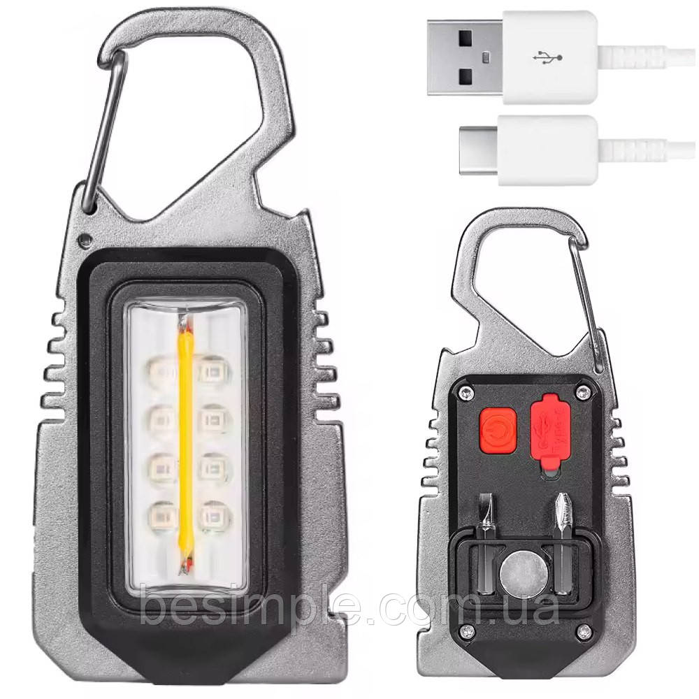 Ліхтарик брелок мультітул з USB, 8 LED / Світлодіодний ліхтарик на ключі / Акумуляторний брелок, фото 1
