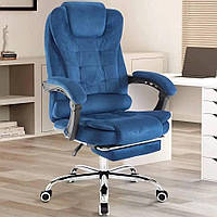 Офісне крісло  велюр синій, з масажем і підніжкою, до 150 кг, ергономічне, спинка 90–155°