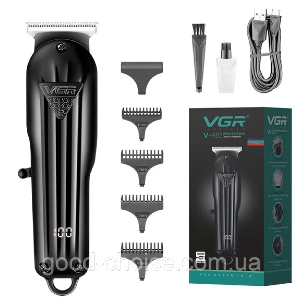 Машинка для стрижки волосся VGR V-982, з 4 насадками / Бездротовий акумуляторний триммер для бороди, фото 1