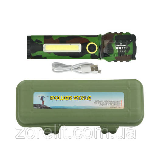 Ліхтар металевий C71M-P50+COB Greenbox camouflage, Li-Ion акум., zoom, ЗП microUSB, фото 1