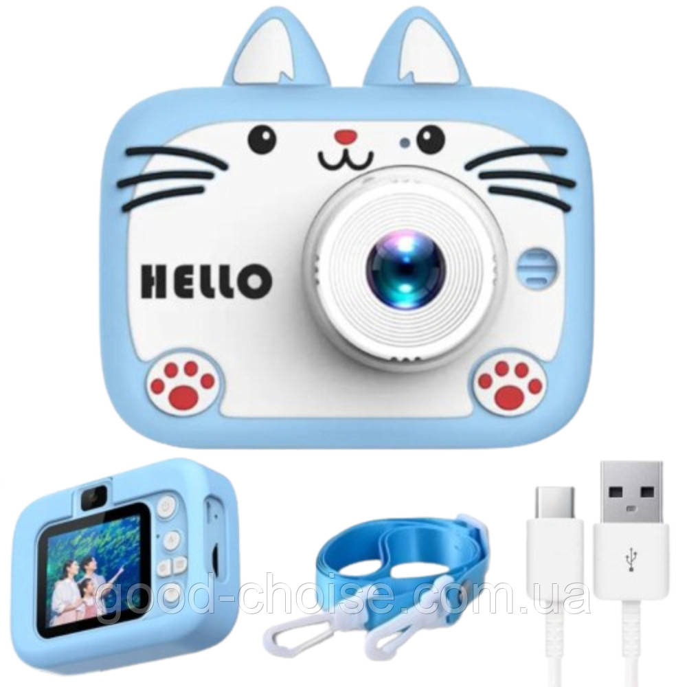 Дитячий цифровий фотоапарат 40МП, X900 Cat, від USB, Блакитний / Фотоапарат для дітей з селфі камерою, фото 1