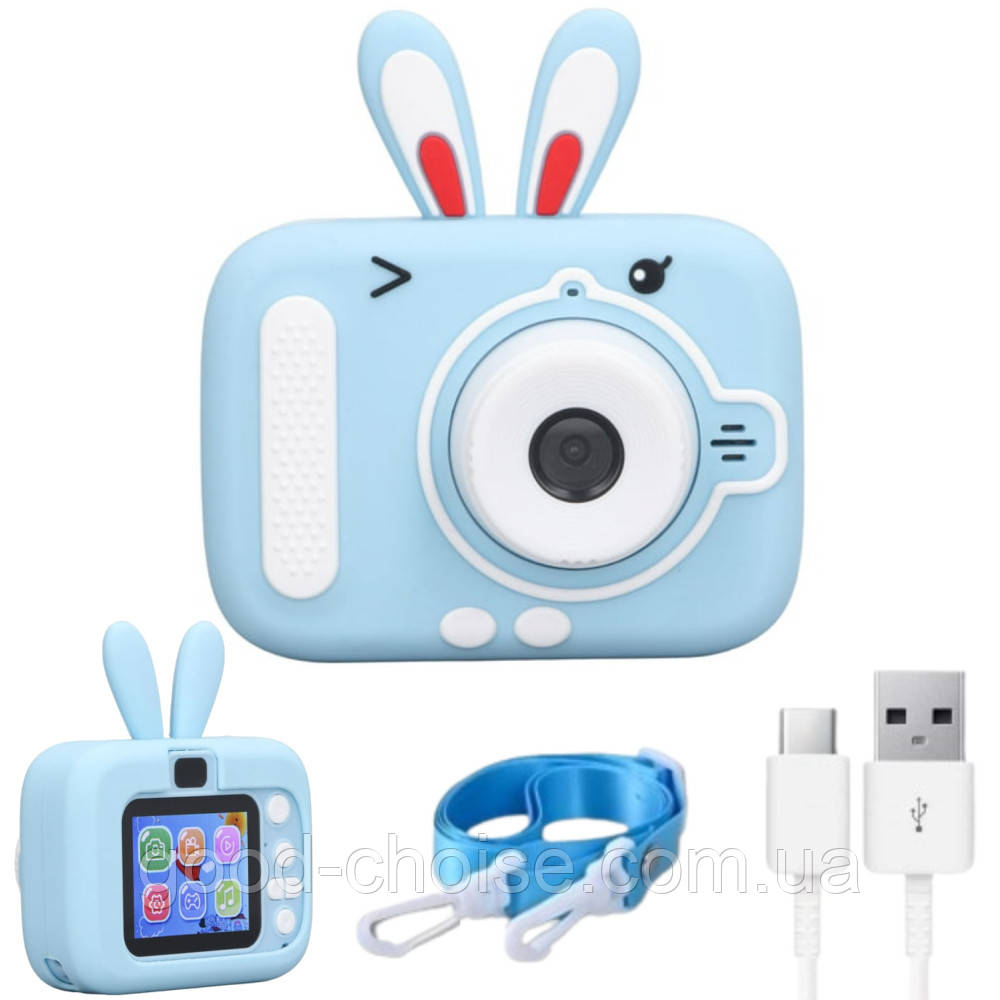 Дитячий цифровий фотоапарат 20МП, від USB, X900 Rabbit, Блакитний / Фотокамера для дітей із селфі-камерою та відео, фото 1
