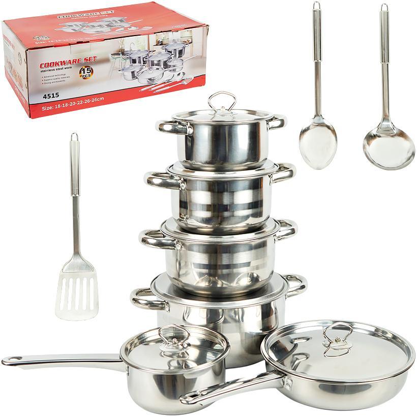 Набор посуды из нержавеющей стали Кастрюля 1,5/2/3/5л Сковорода 26см Сотейник 16см Лопатка, половник, суповая ложка, фото 1