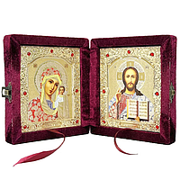Ікона "Богородиця Казанська та Спаситель" в оксамиті з камінням бордова