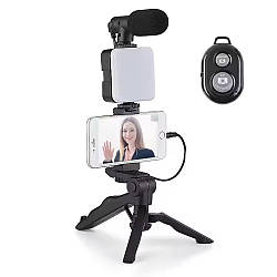 Штатив для телефону з мікрофоном та спалахом 4в1 / Трипод для селфі / Монопод для селфі