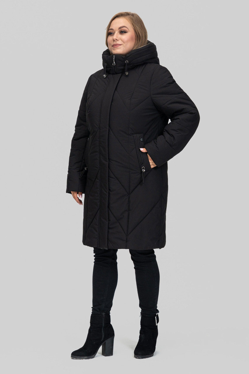 Жіноче чорне тепле зимове стьобане пальто з капюшоном великих розмірів на тінсулеїті, фото 1