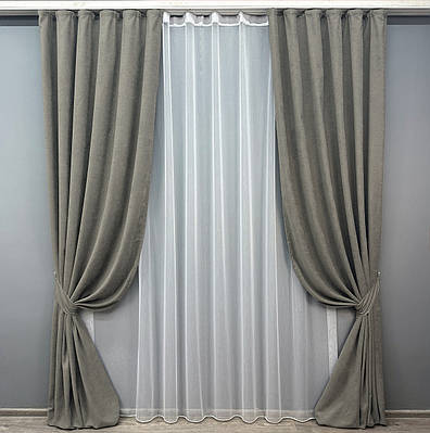 Комплект (2шт 1x2,7м + 3х2,7м) штор мікровелюр "Petek" з тюлем, колір сірий з білим (1702ш-1153т) 71-056/1