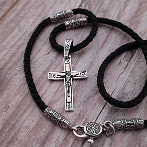 Срібний хрестик на шовковому шнурку зі срібними вставками та золотими пластинами, 3 мм, 55 см