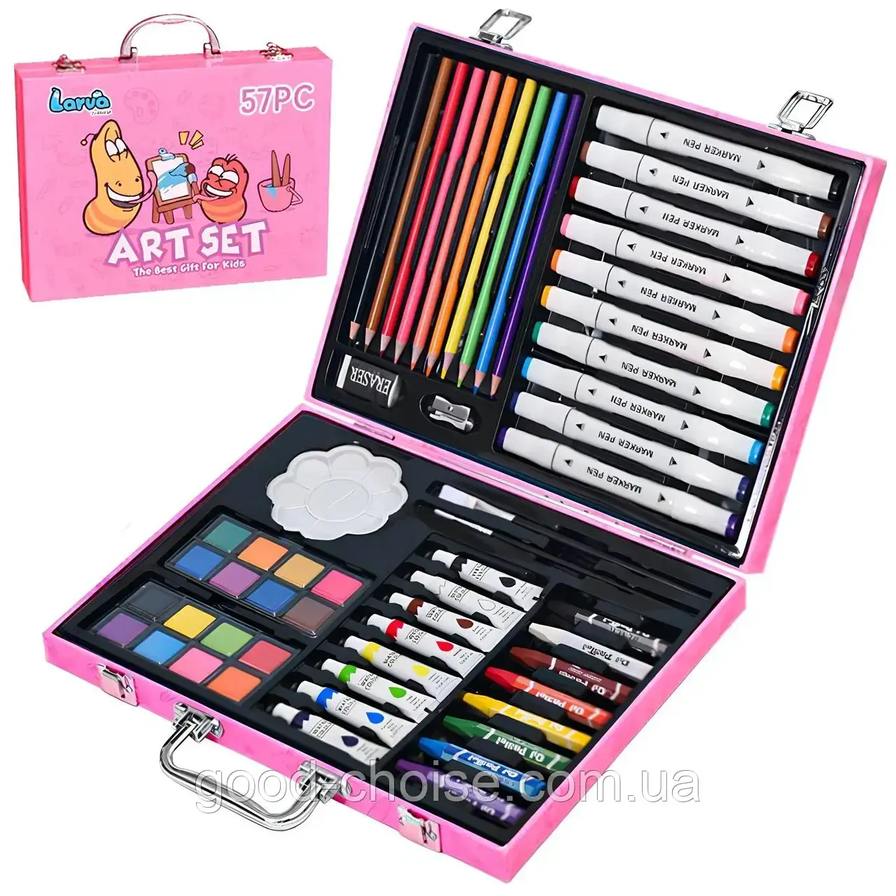 Набір для малювання дитячий з кейсом (57шт) від 4 років, Art Set, Рожевий / Набір для дитячої творчості, фото 1