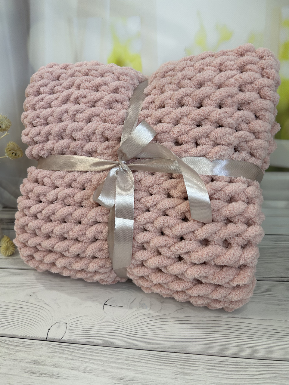 В'язаний плюшевий плед для немовляти, 90*90см, пудровий, фото 1