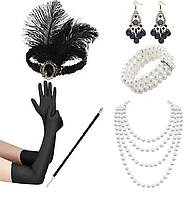 Набір аксесуарів гетсбі  Ретро Пов`язка на голову чорна з пір`ям, мундштук, рукавички, намисто, сережки, браслет